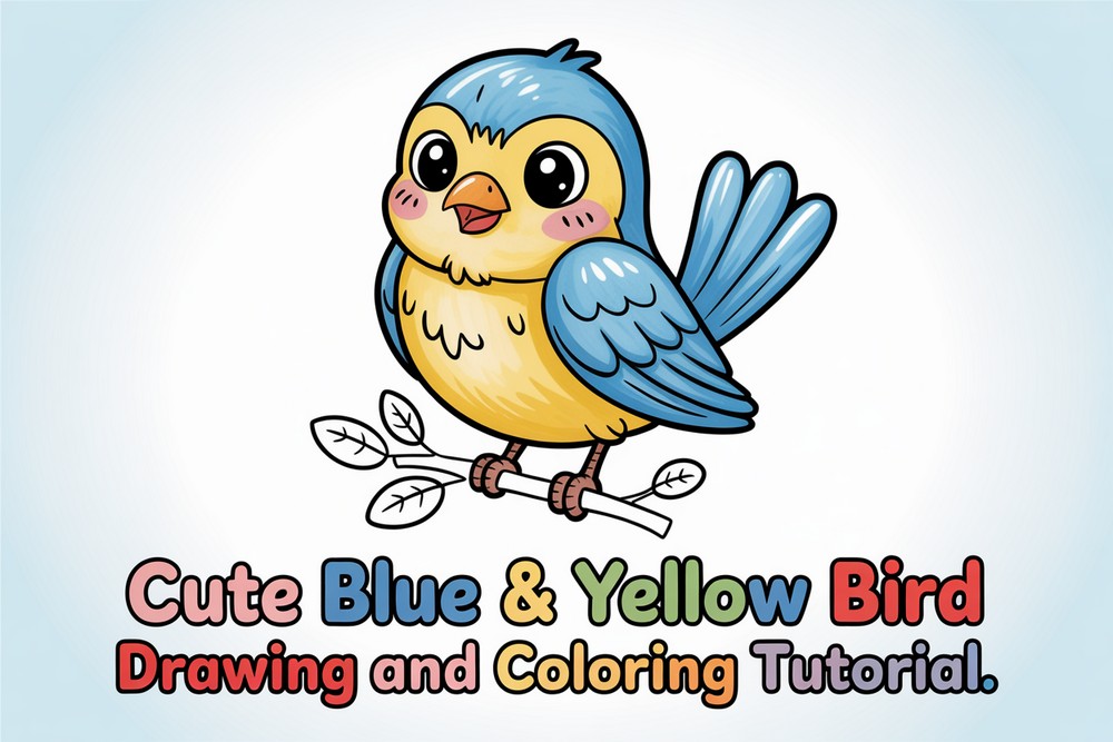 Cute Blue & Yellow Bird Drawing and Coloring Tutorial