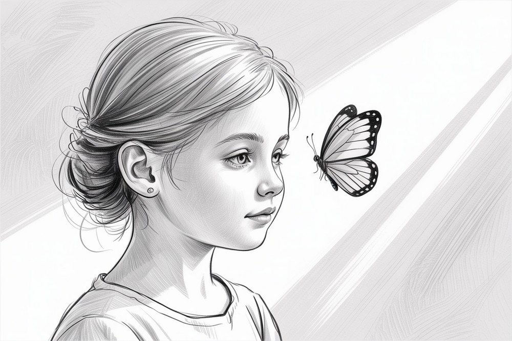 Cute Girl and Butterfly Drawing