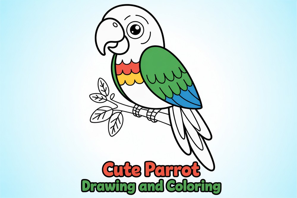 Cute Parrot Drawing and Coloring