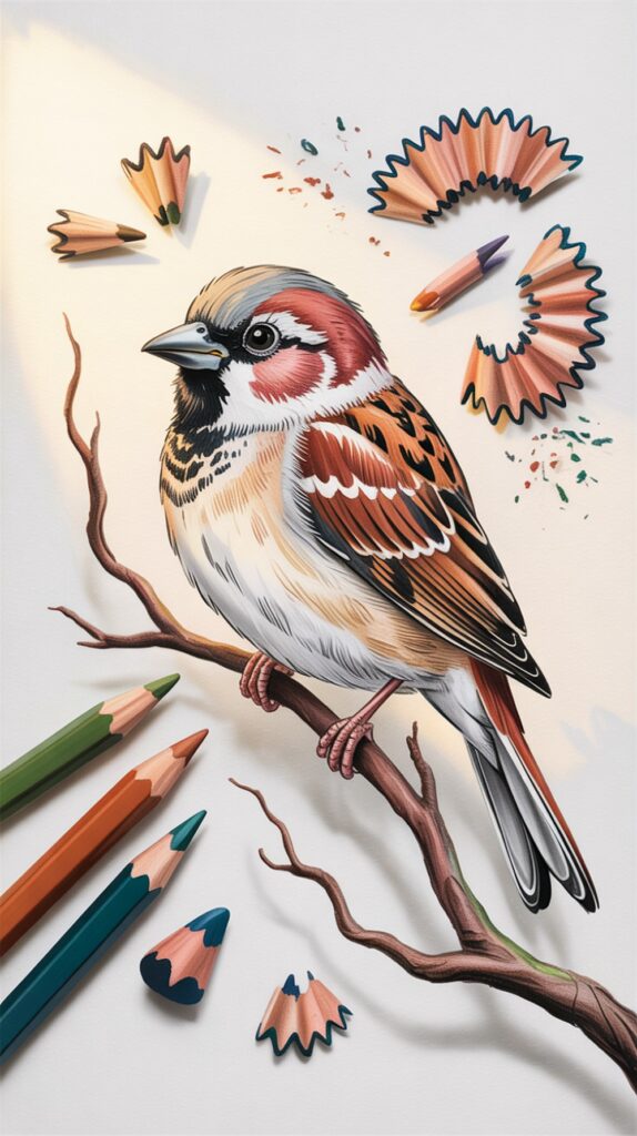 Cute sparrow sketch with colored pencils