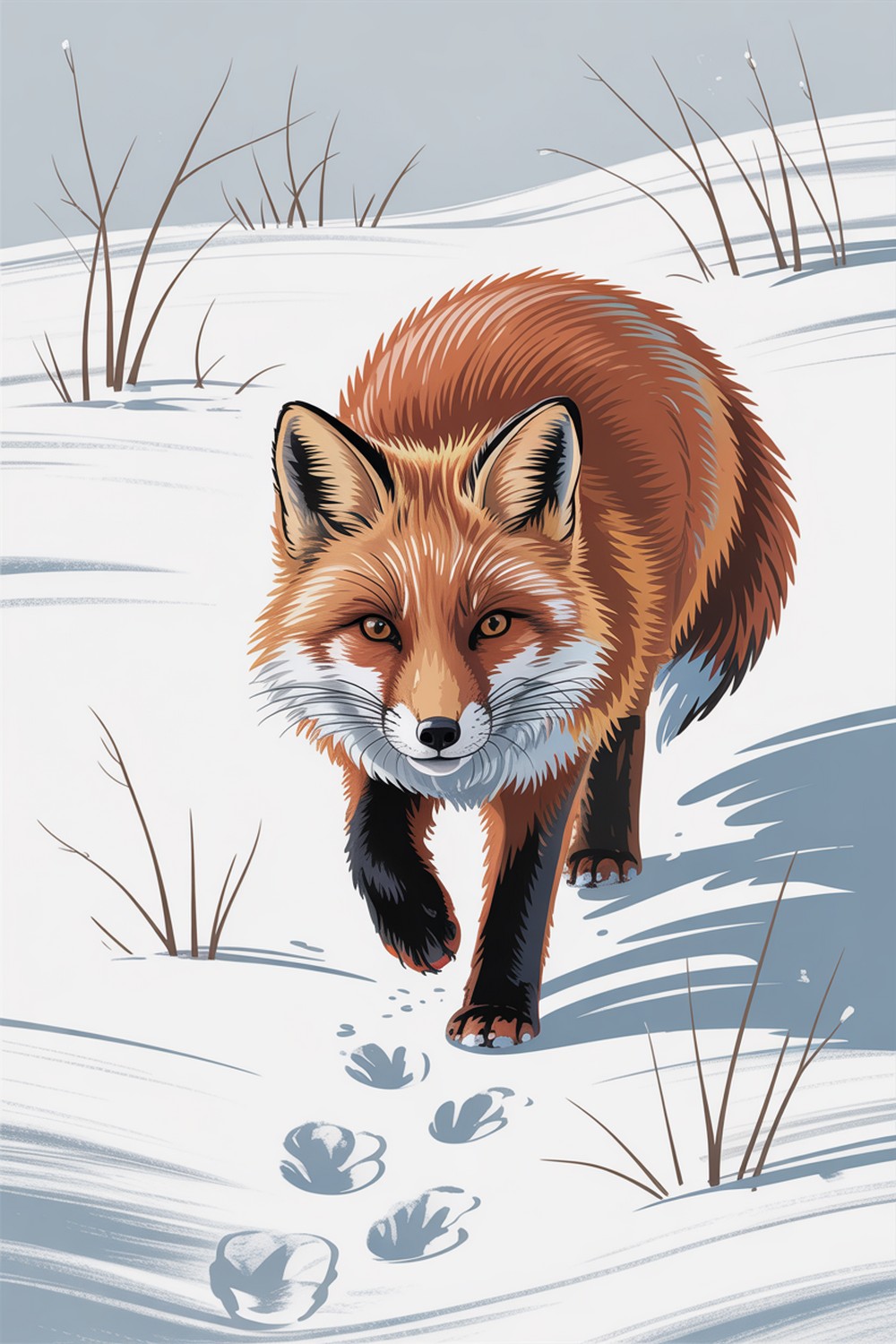 Fox in Fresh Snow Winter Aesthetic Drawings