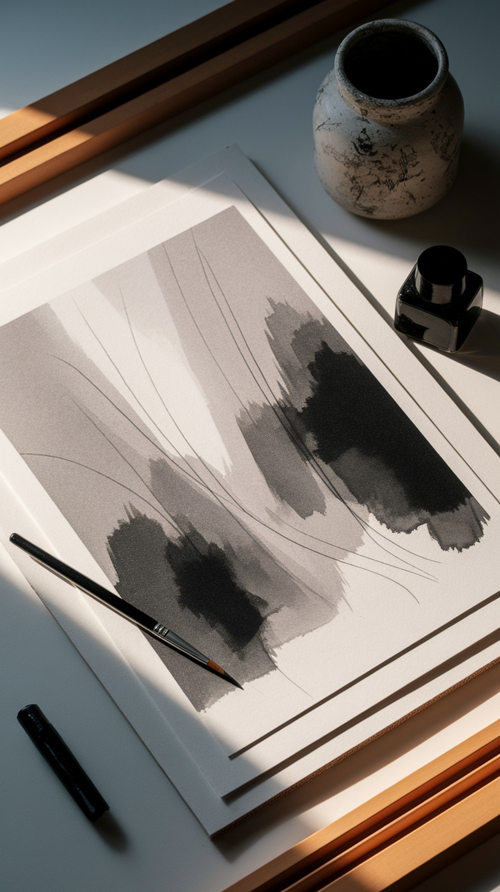 Graphite to Ink-Wash Contrast