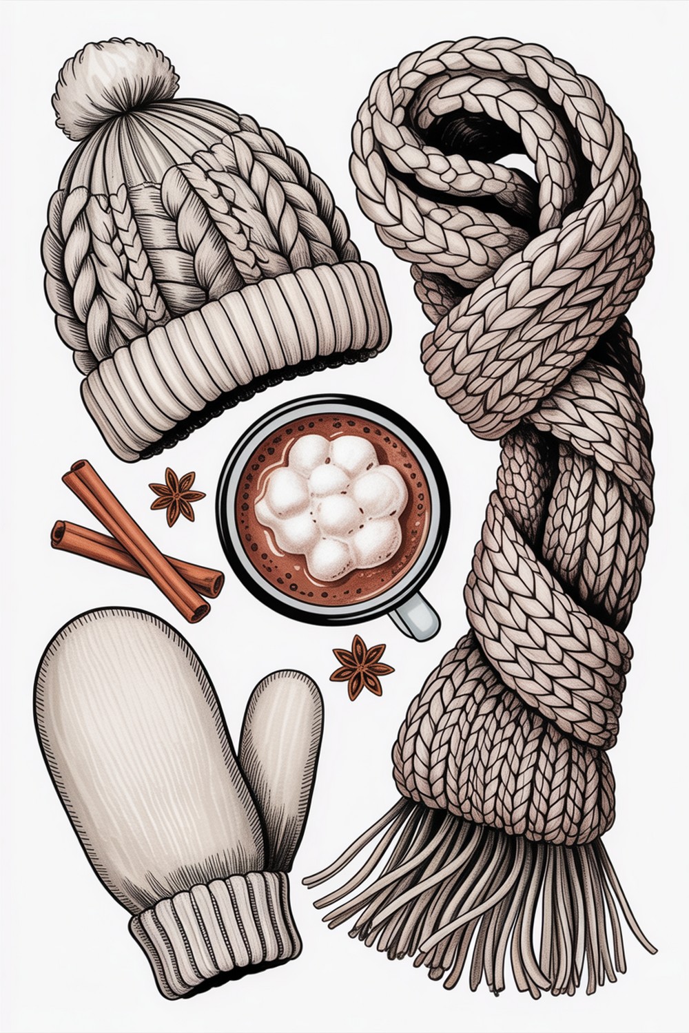 Knits and Cocoa Flat Lay Winter Aesthetic Drawings