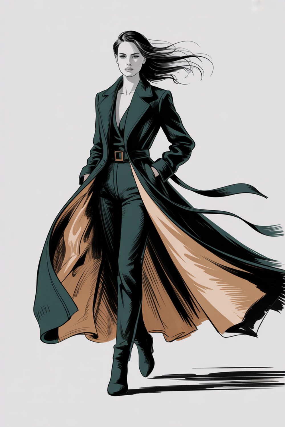 Long Coat Wind-Sweep Fashion Figure Sketch Pose