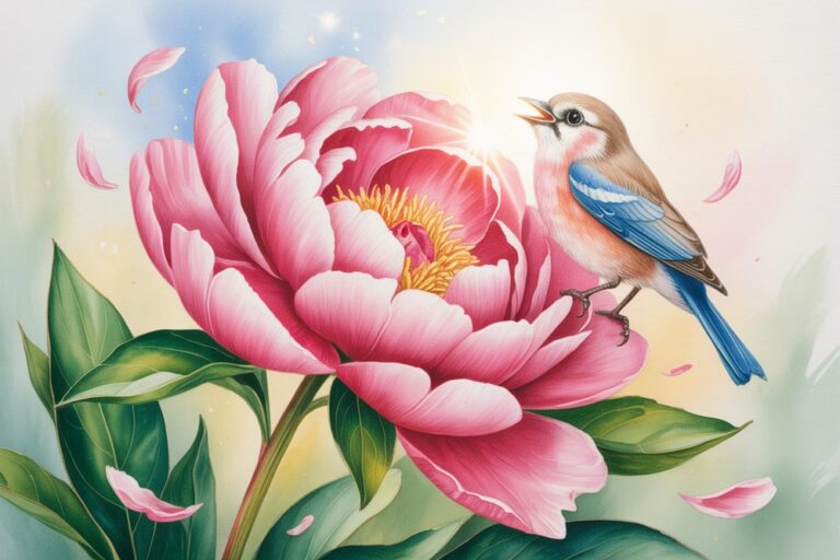 Painting a Beautiful Flower with a Cute Little Bird