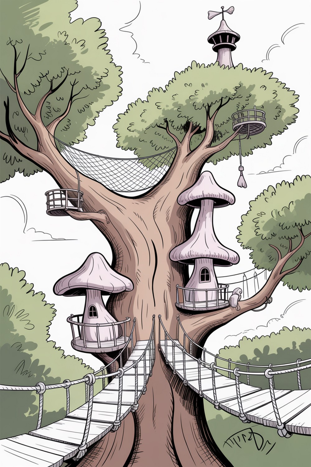 Treetop Bridge Mushroom House Sketches
