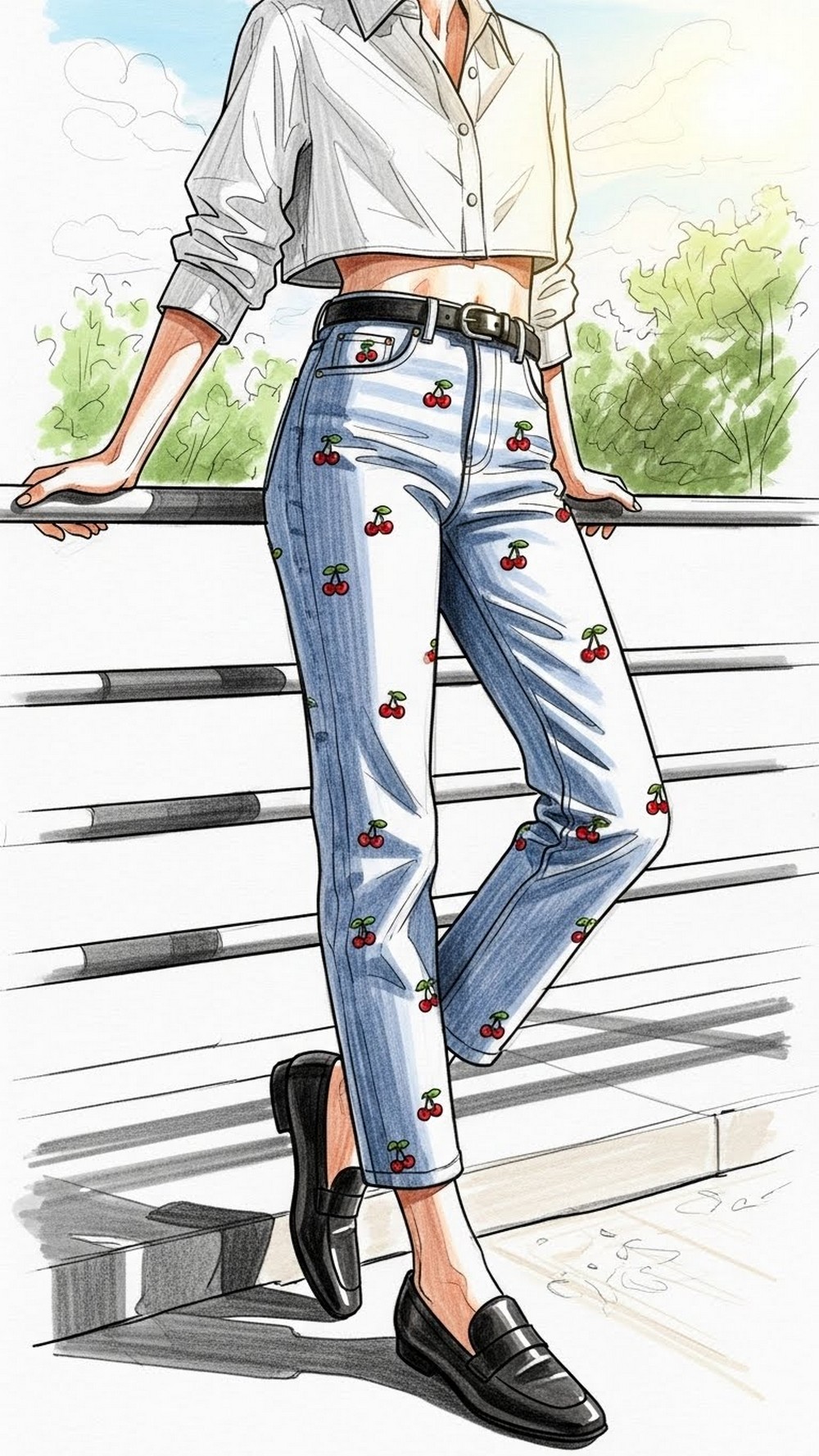 Cherry Embroidered Jeans and Cropped Shirt