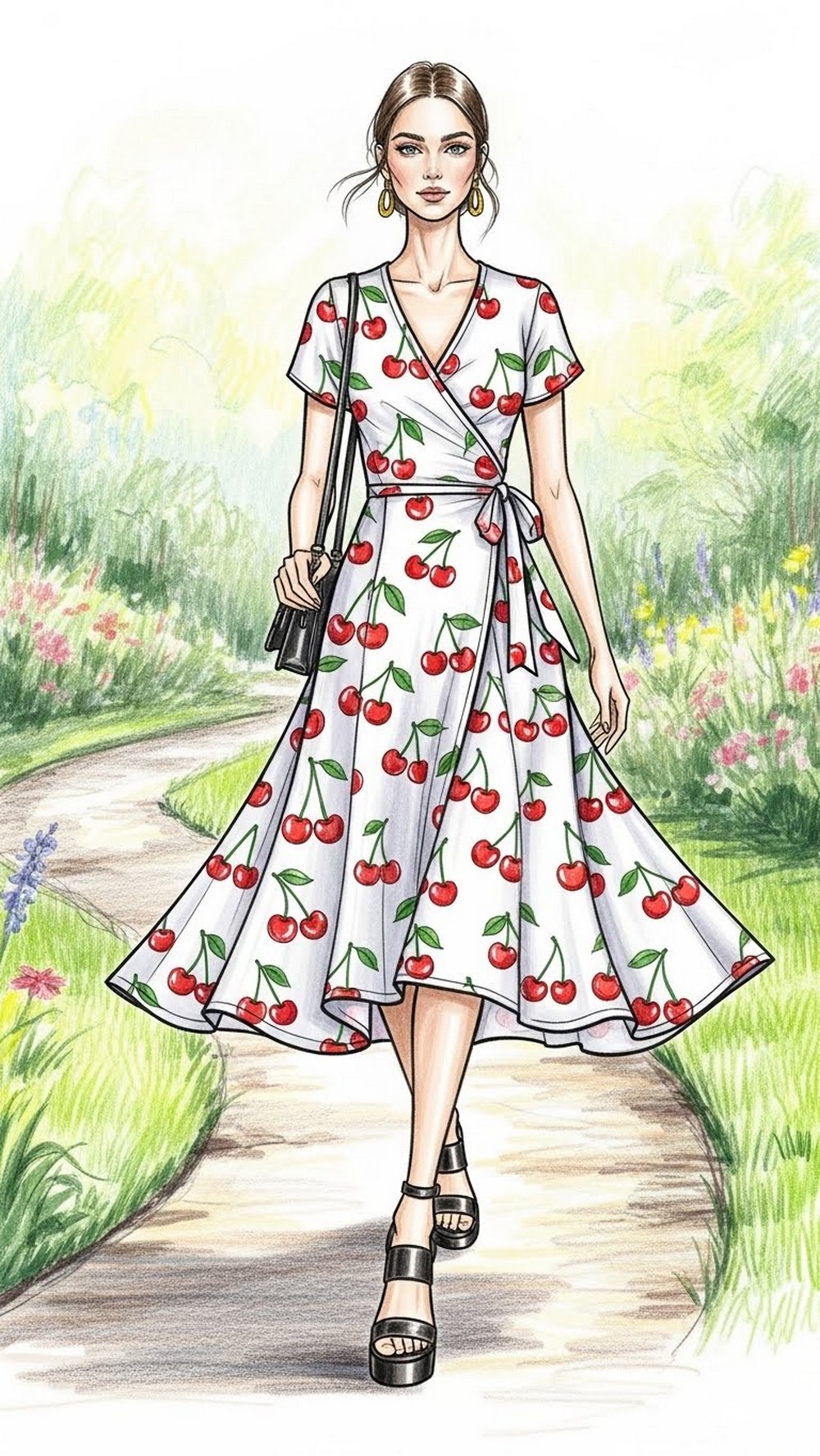 Cherry Print Wrap Dress and Block Heels