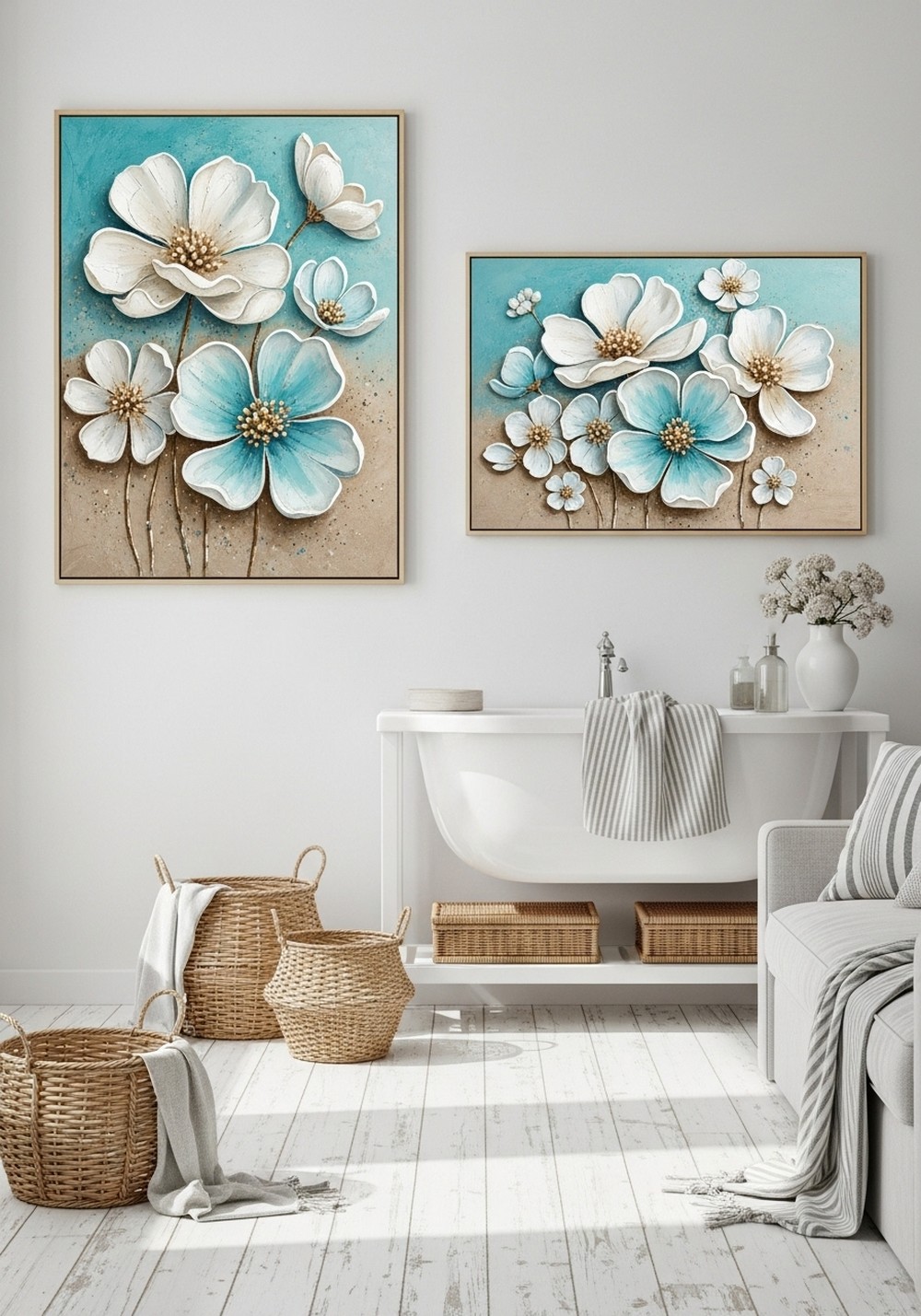 Coastal Colored Flower Wall Art in Ocean-Inspired Hues