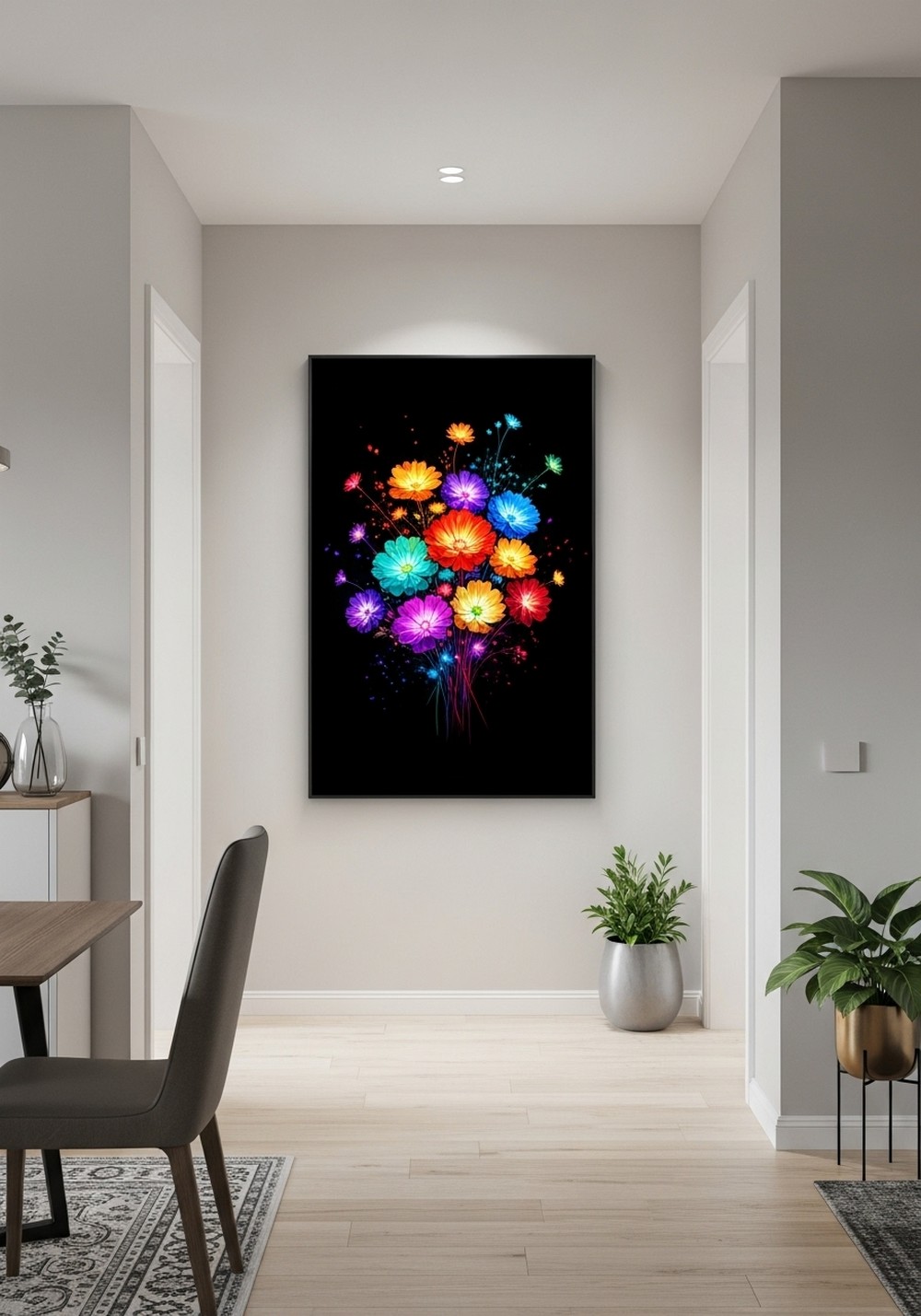 Colored Flower Wall Art on Black Background For Dramatic Contrast