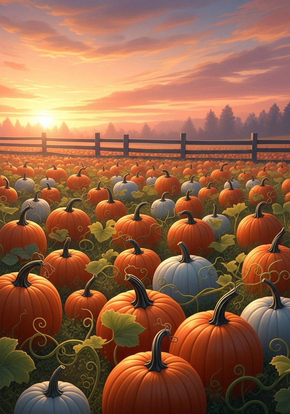 Cozy Pumpkin Patch Sunset Scene