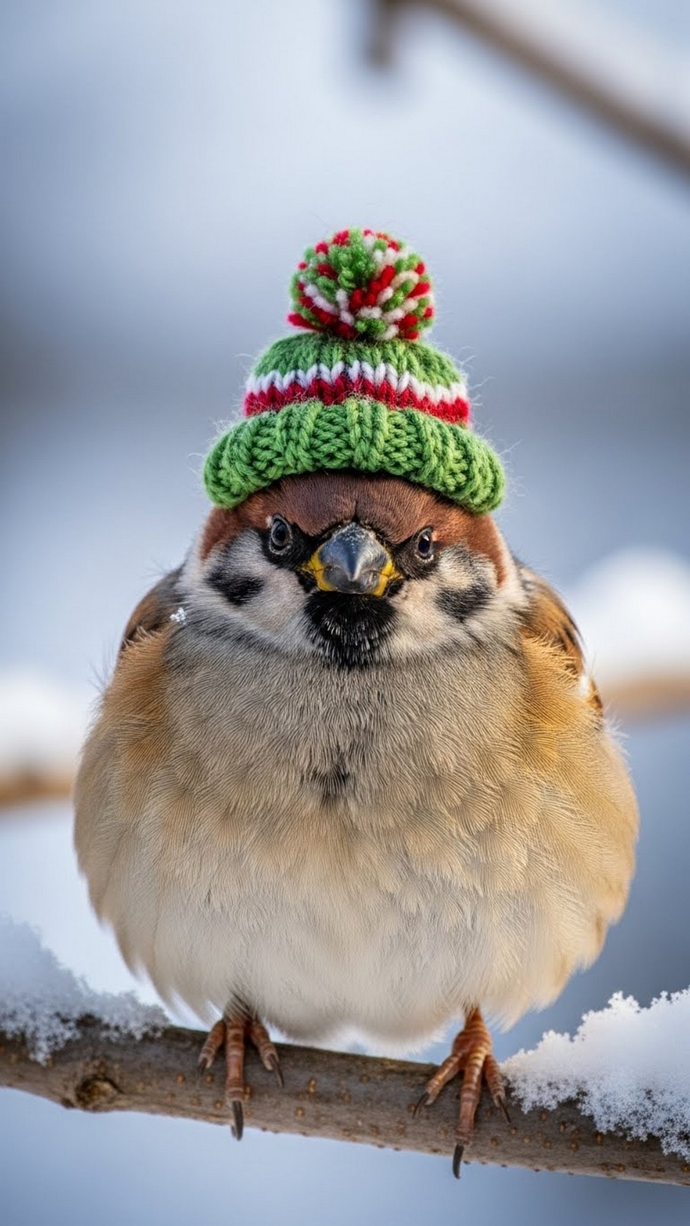 Cozy Sparrow in a Knitted Hat