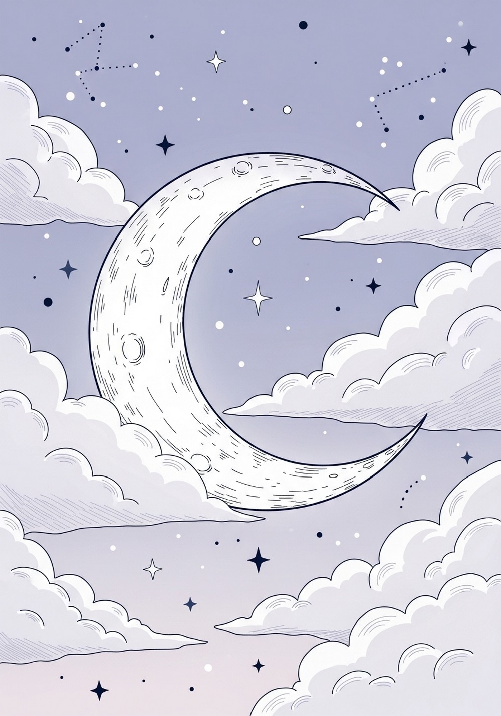 Crescent Moon, Clouds, And Stars