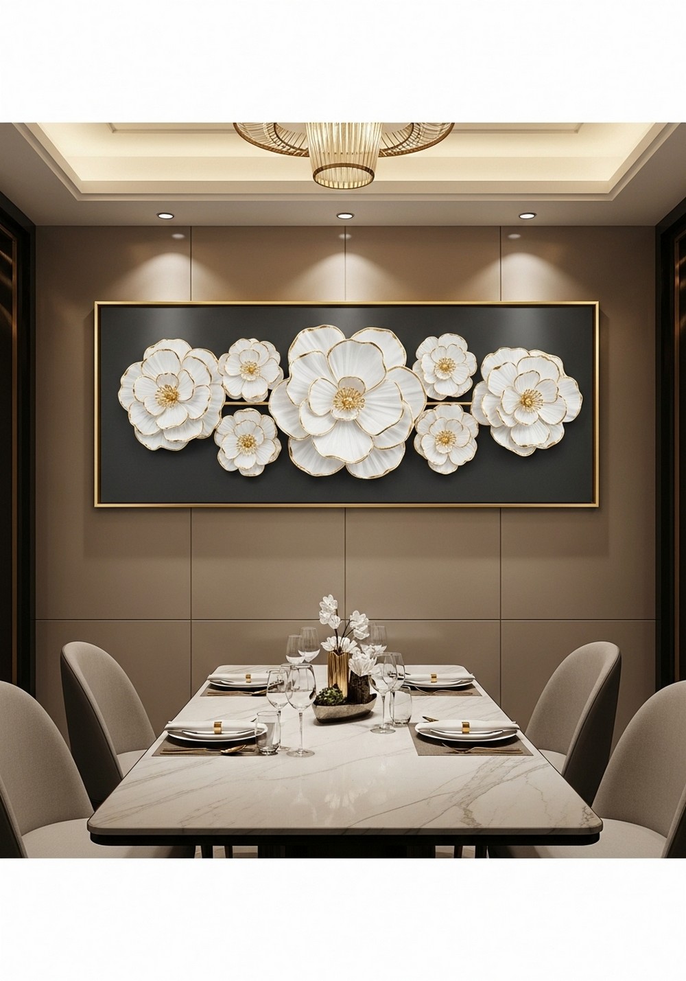 Elegant White and Gold Flower Wall Art For Dining Areas
