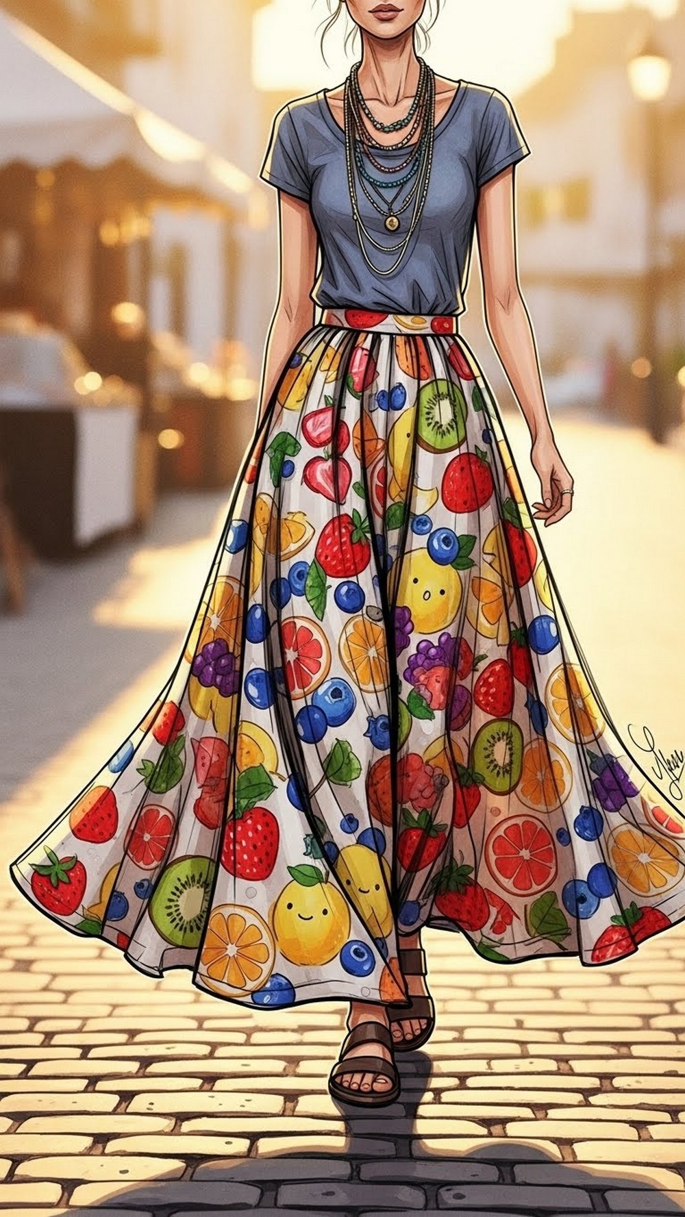 Fruit Illustration Maxi Skirt and Fitted Tee