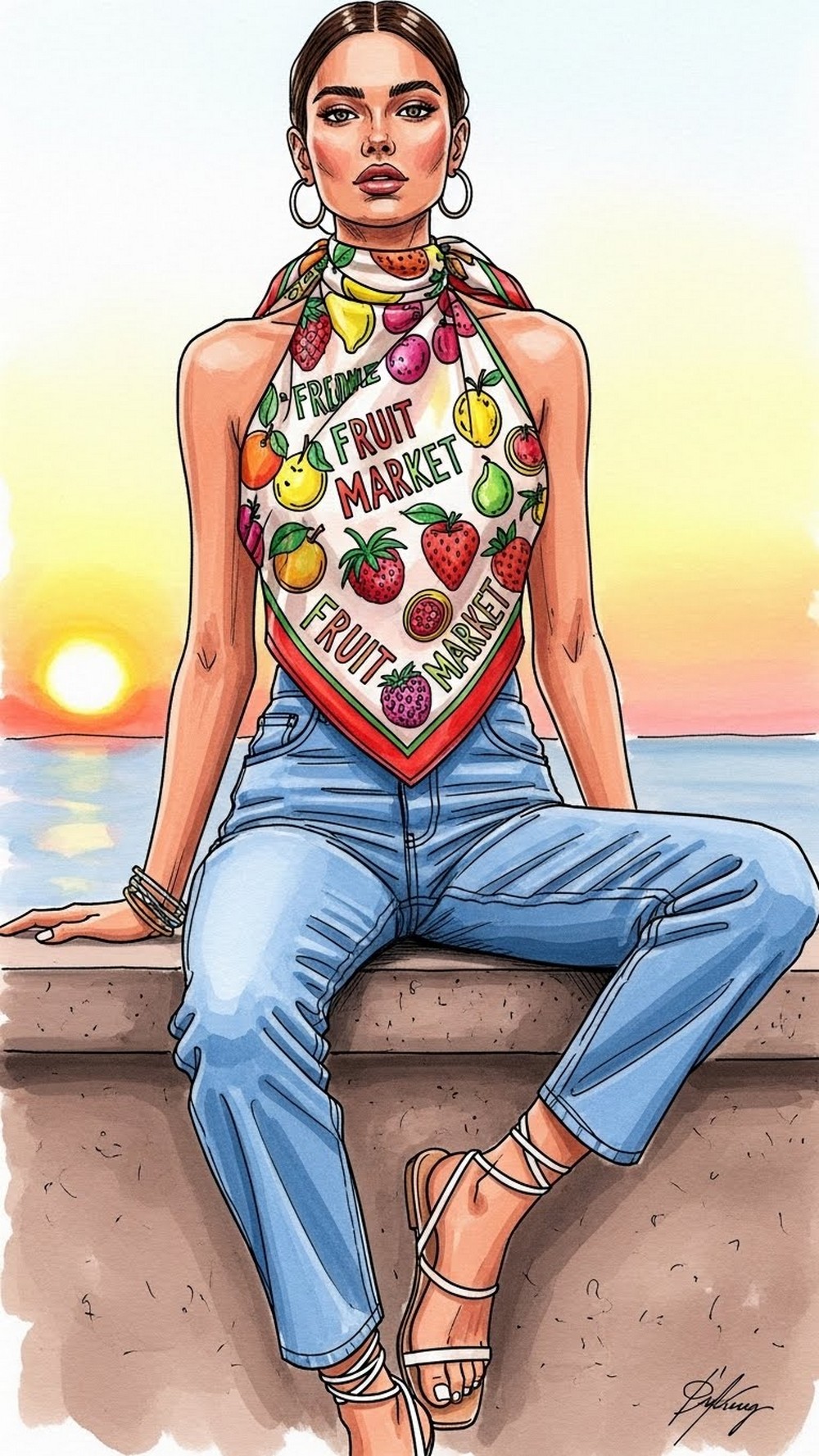 Fruit Market Scarf Top and High-Waist Jeans