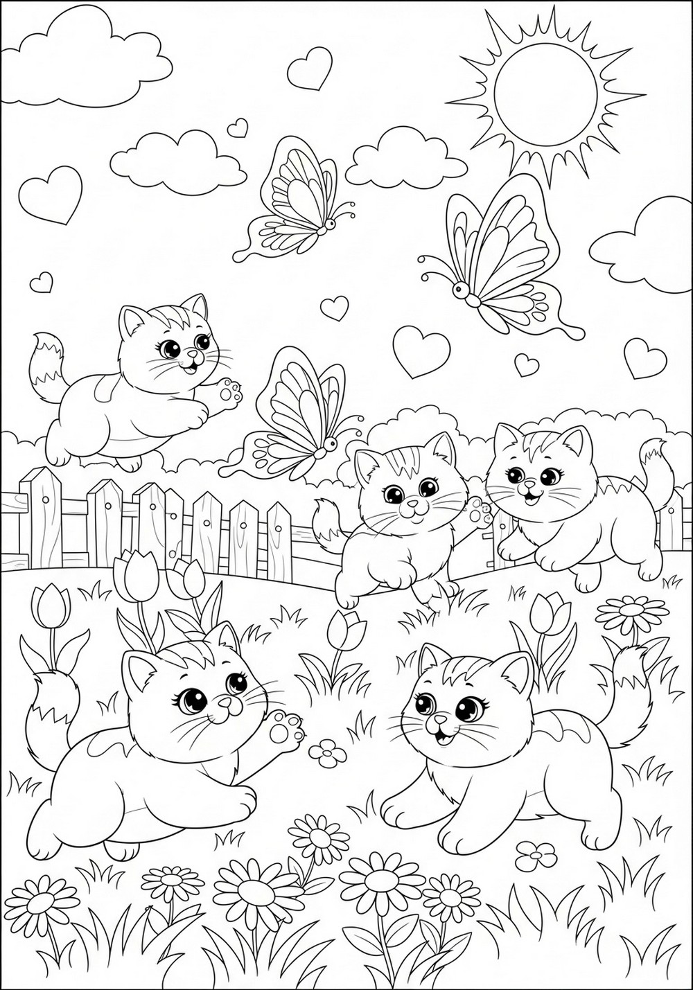 Garden Kittens Playing With Butterflies