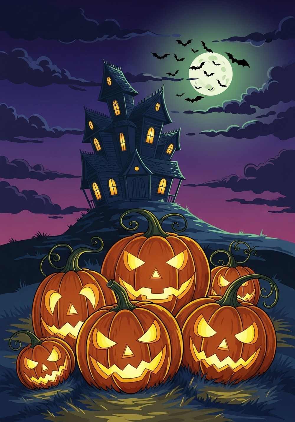 Haunted House Scene With Pumpkins