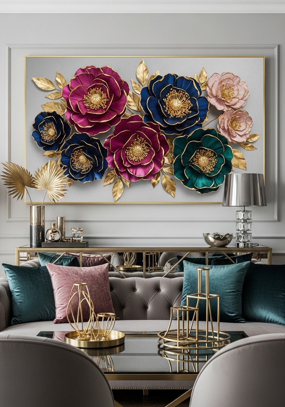 Metallic Accented Colored Flower Wall Art For Glam Spaces