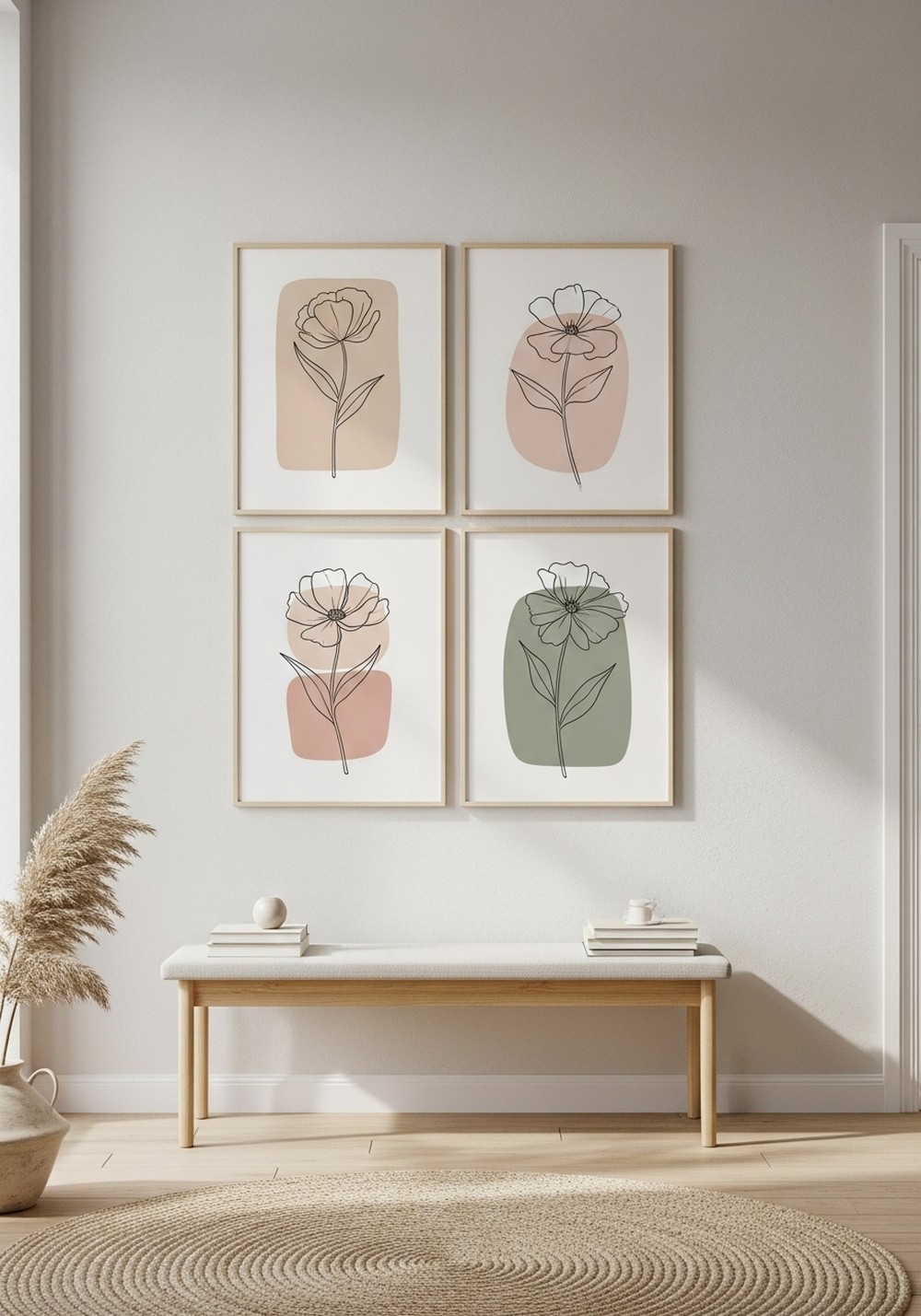 Minimal Line Art Flower Prints With Soft Color Blocks