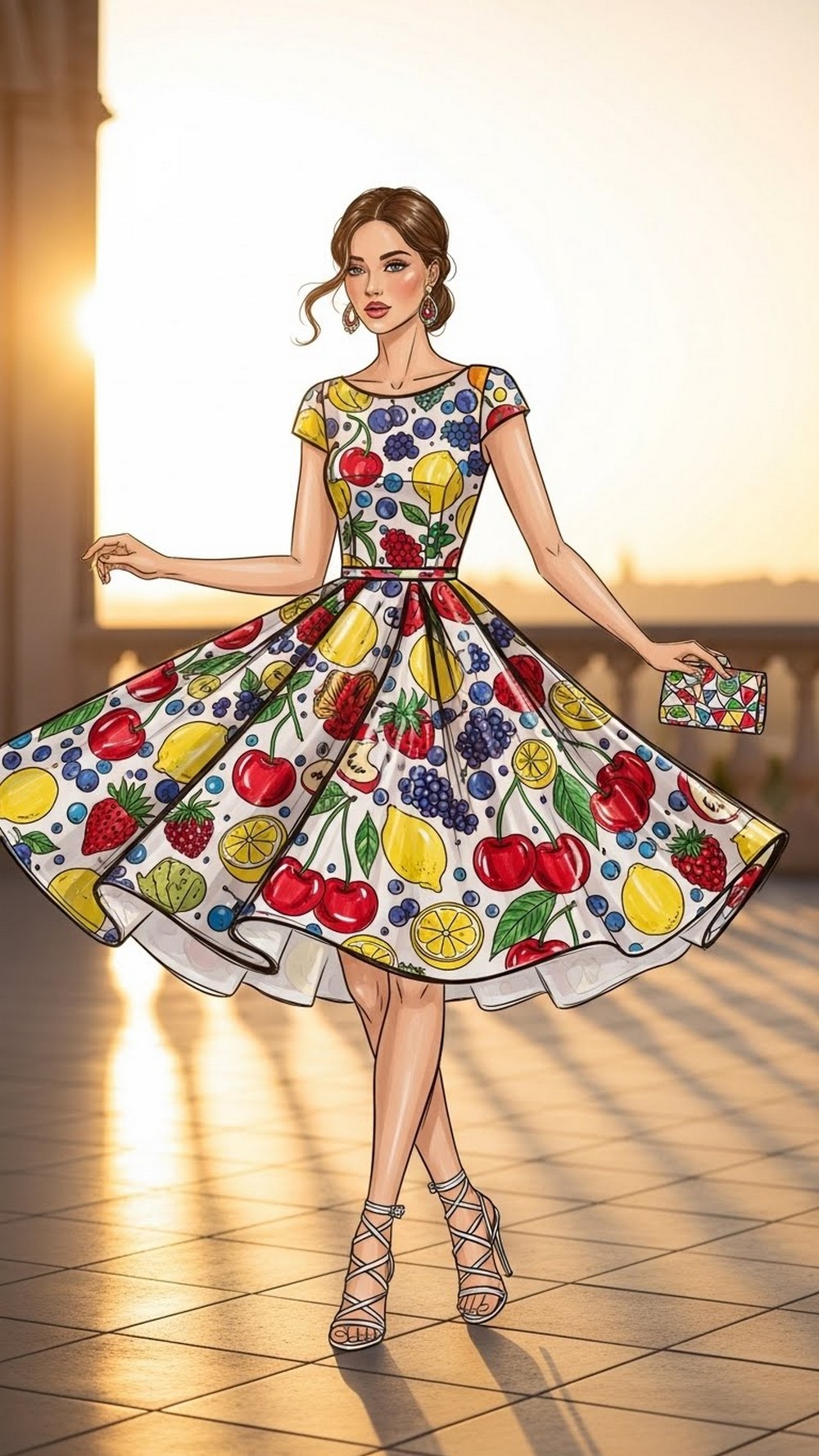 Mixed Fruit Party Dress and Strappy Heels