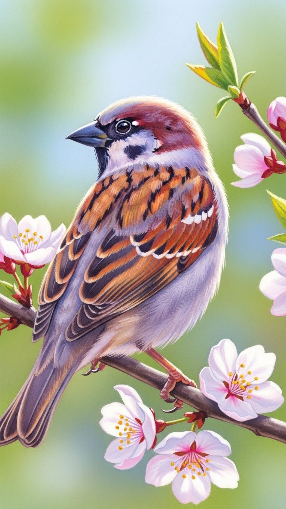 Pastel Sparrow on a Flowering Branch