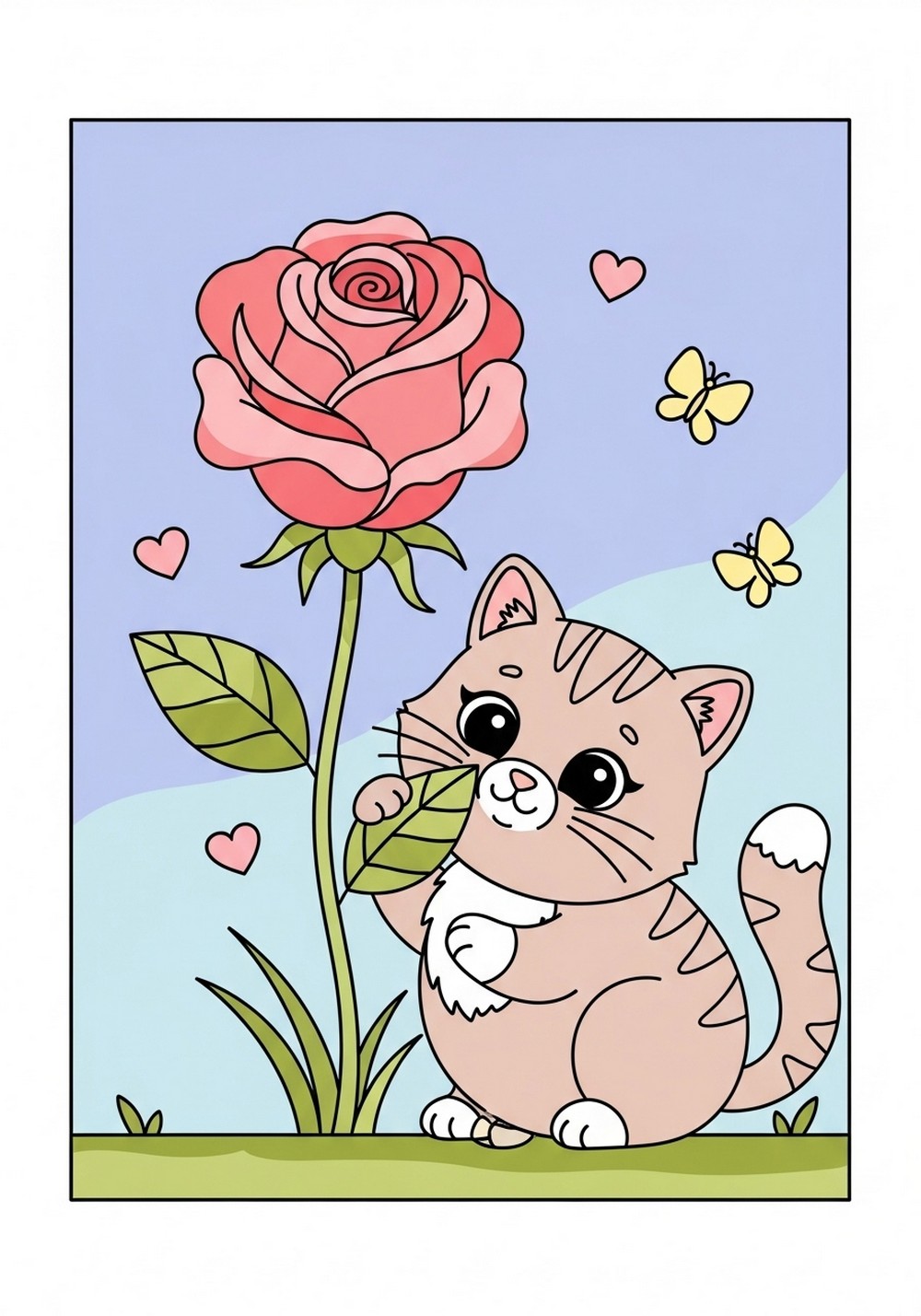 Playful Rose And Kitten Coloring Page