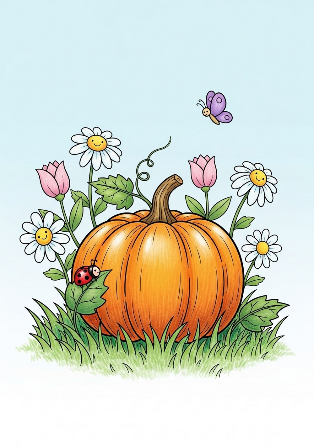 Pumpkin In Grass With Bugs And Flowers
