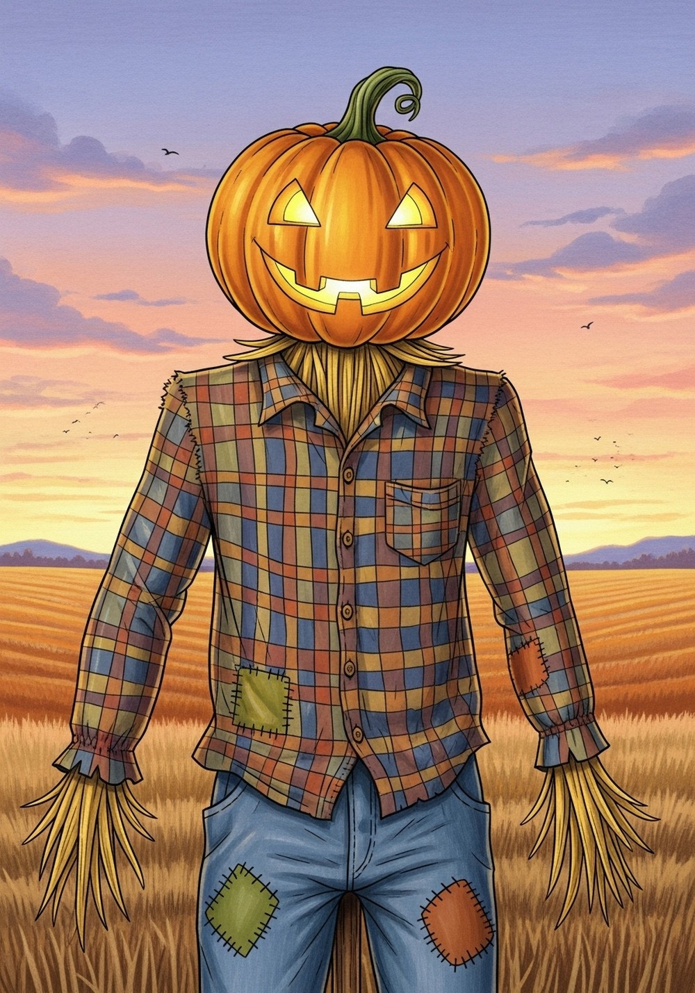Scarecrow With Pumpkin Head Drawing