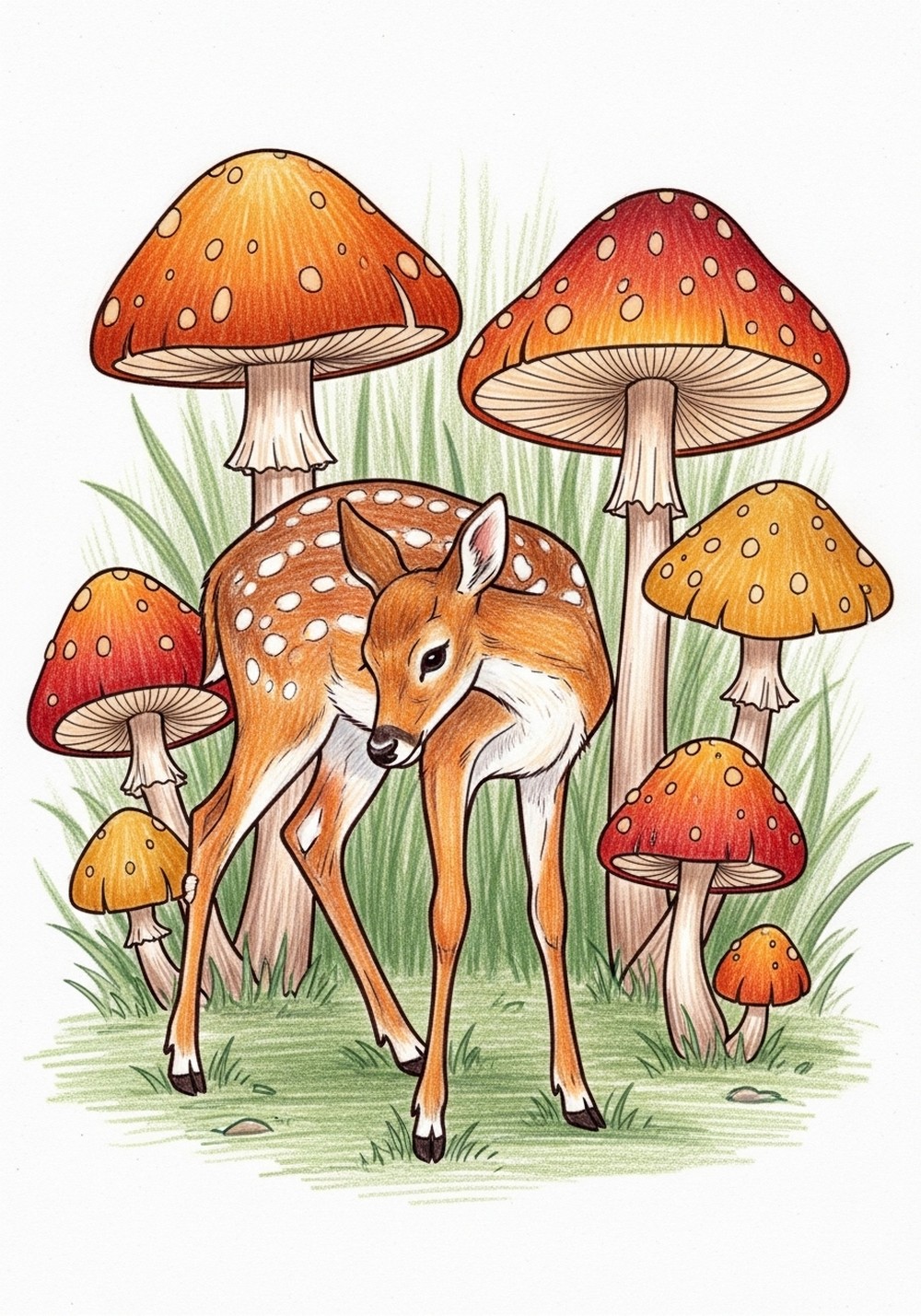 Shy Deer In Mushroom Forest