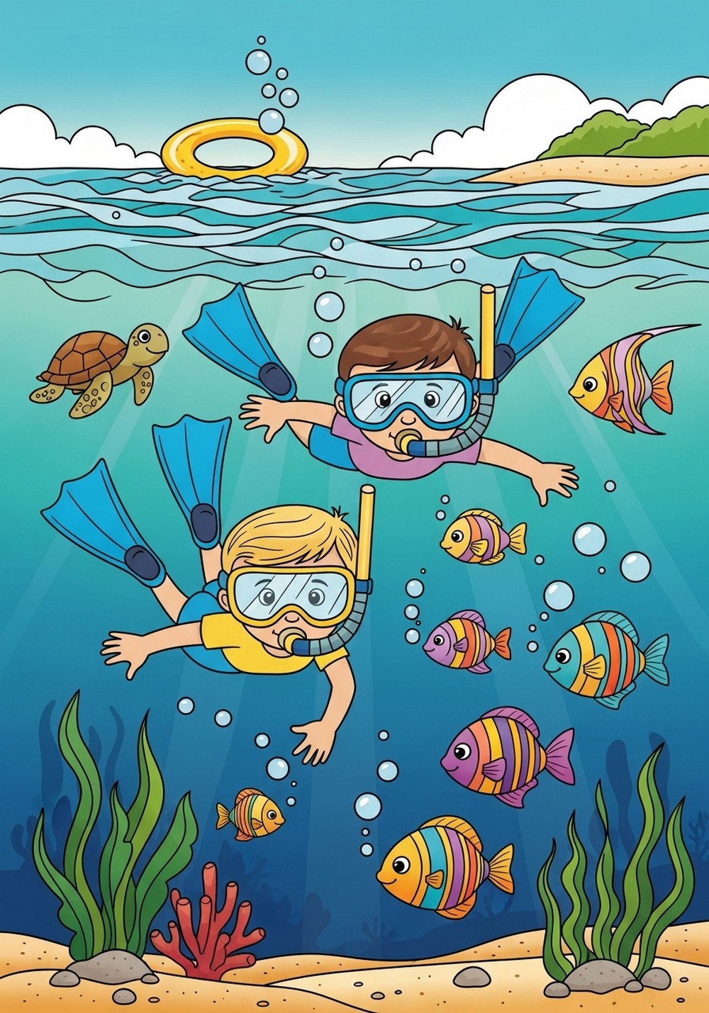 Snorkeling Kids And Fish Friends