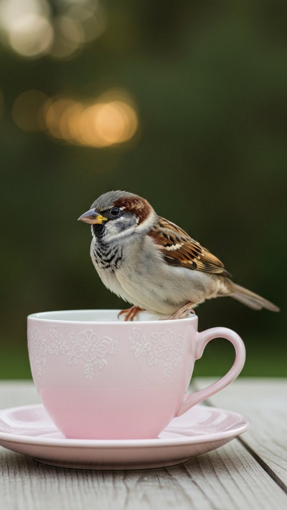 Tiny Sparrow and Teacup