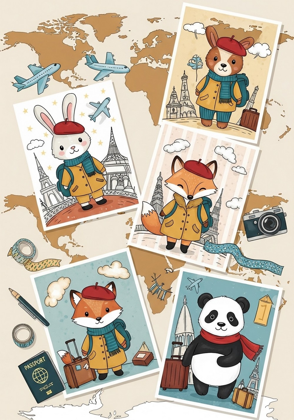 Travel-Themed Colored Kawaii Animals Friend Sheets