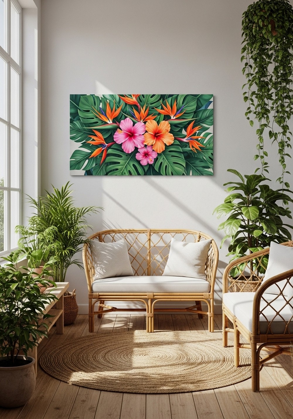Tropical Colored Flower Wall Art With Lush Green Leaves
