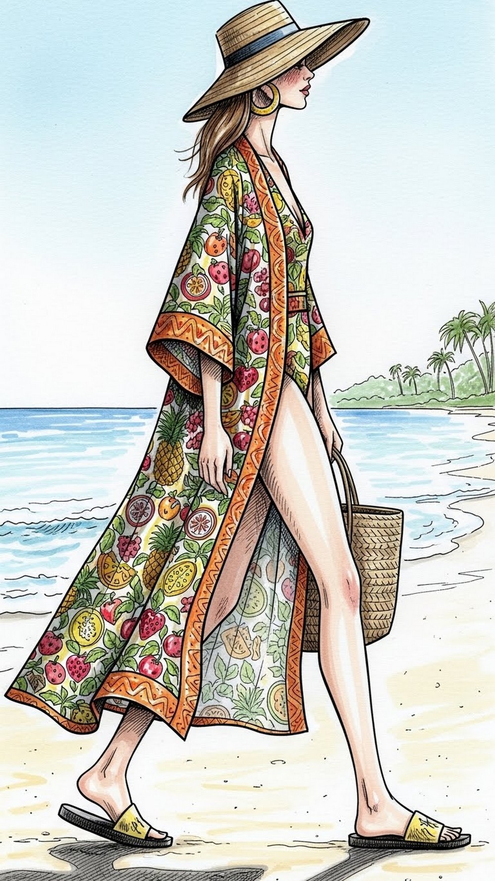 Tropical Fruit Kimono over Swimsuit