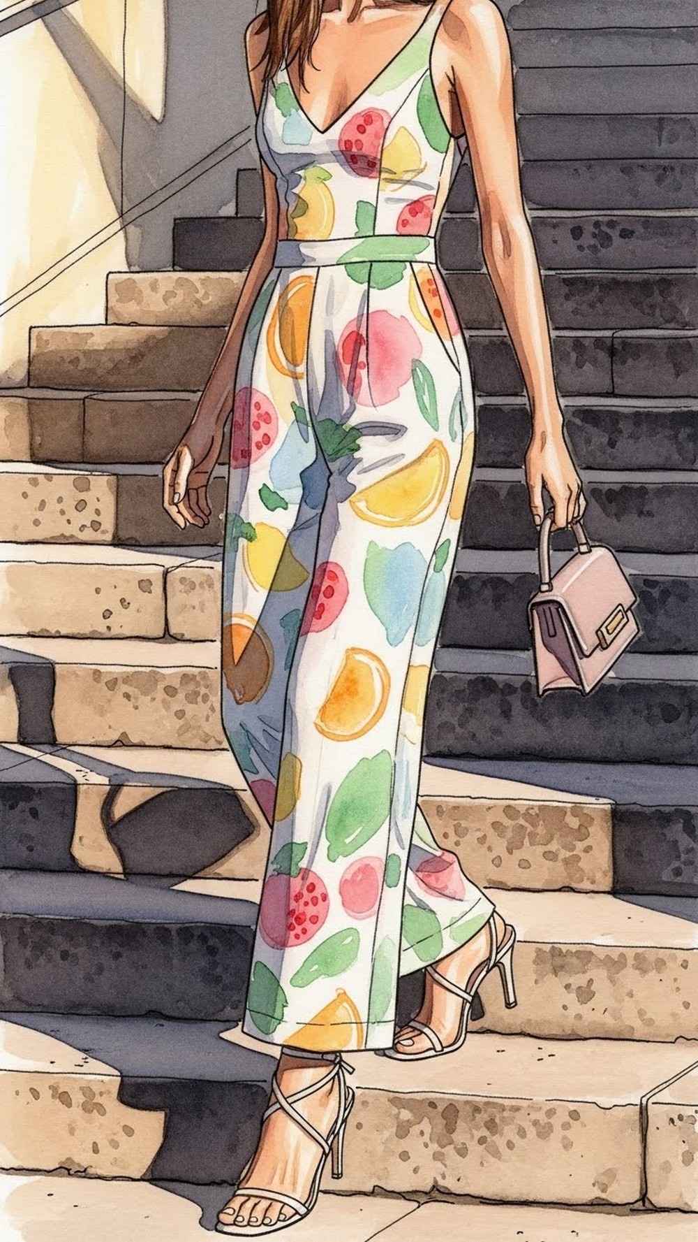 Watercolor Fruit Jumpsuit with Sandals